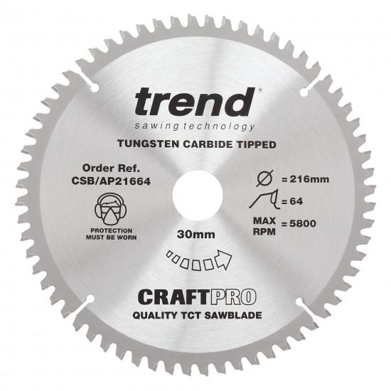 CSB/AP21664 Craft saw blade aluminium and plastic 216mm x 64 teeth x 30mm